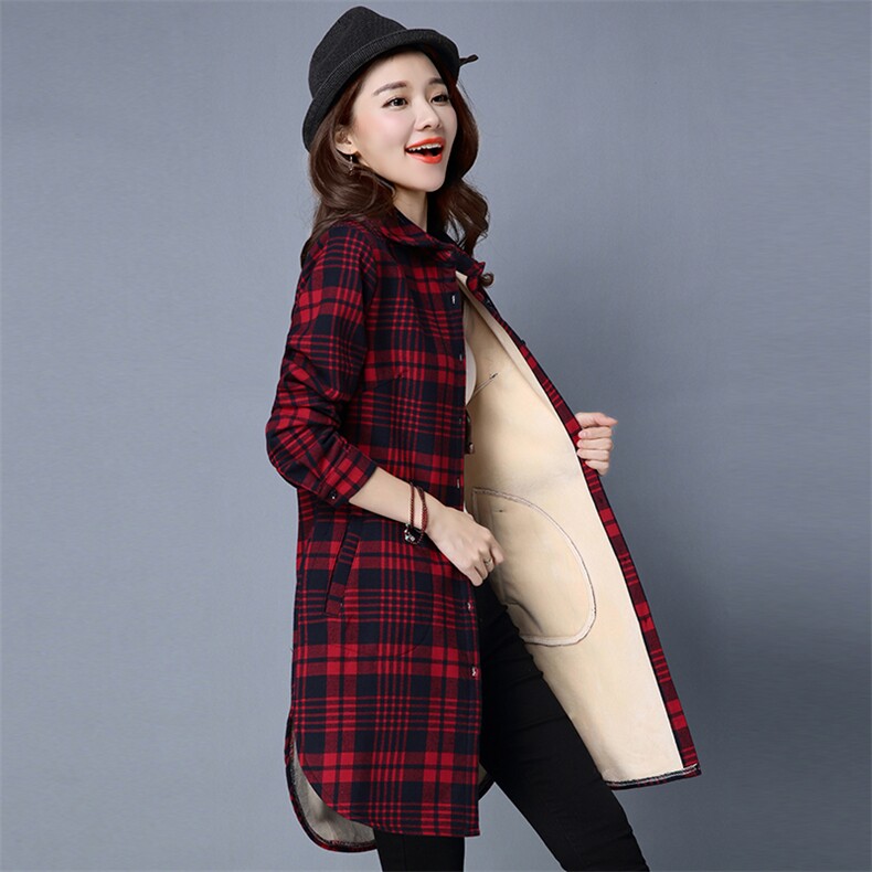 网红款加绒加厚格子衬衫女春秋季新款长袖韩版中长款宽松百搭外套,女装风衣,鑫鑫格