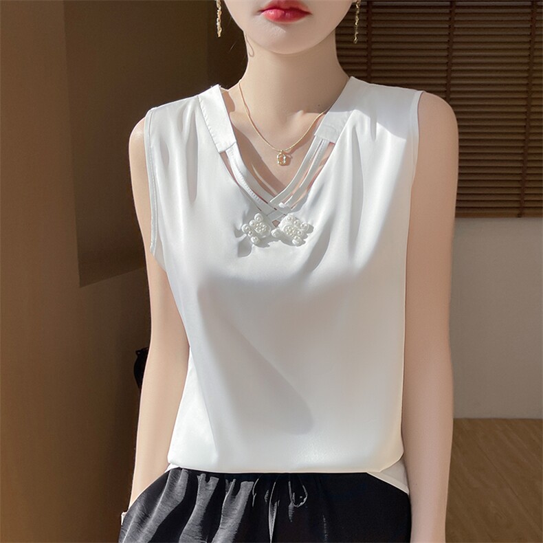 国风V领镂空无袖背心配西装国风新中式汉服小众吊带上衣新款洋气，女装背心吊带，羊特美羊绒
