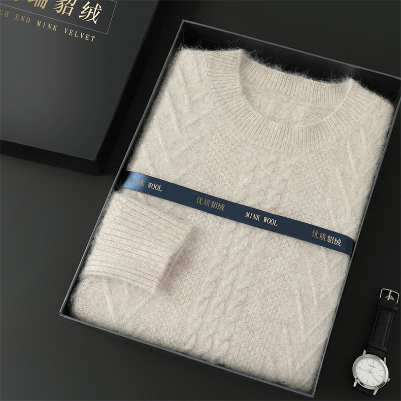 高品质秋冬新款男士圆领貂绒衫时尚百搭保暖针织毛衣高端礼盒包装,男装针织衫/毛衣,冬贝尔貂绒