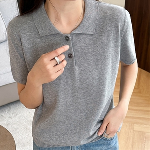 夏季时尚百搭纯棉针织短袖女翻领纯色宽松显瘦上衣t恤女polo衫女图片