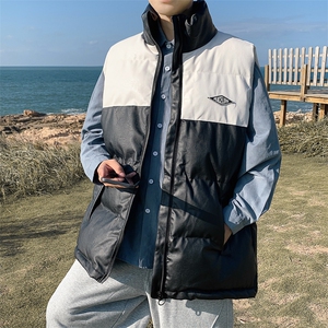 2026秋冬装羽绒棉马甲男加厚拼色立领PU皮坎肩 MJ17588/P85 白色5图片