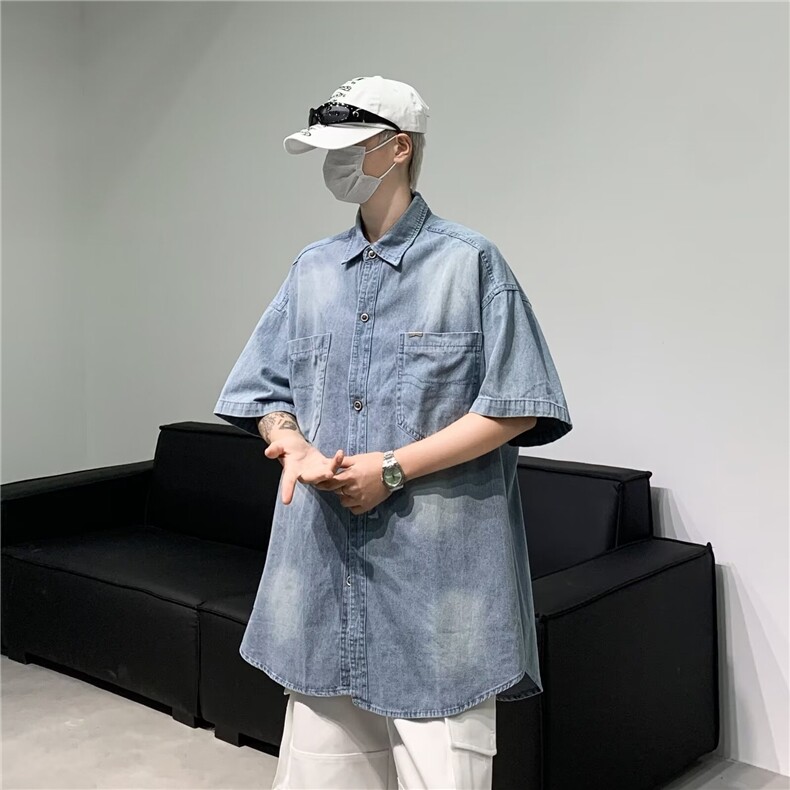 牛仔衬衫男士韩版潮流短袖夏季百搭2024新款开始ins外套CY782-P55,男装衬衫,星座412-2