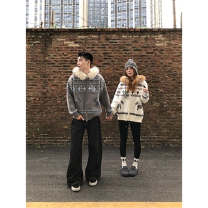重磅北极绒座山雕毛衣外套冬美式复古休闲慵懒风大毛毛领针织开衫图片