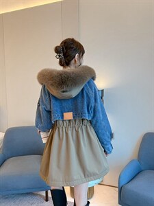牛仔拼接派克服图片