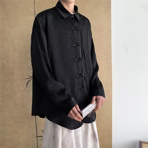 中式风衬衫高级感痞帅长袖外套小众设计感潮牌衬衣男士中山装图片