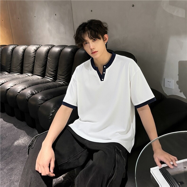 夏季新款潮亨利领拼色小V领索罗娜短袖T恤TX701-P35，男装T恤，电商C310
