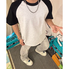 抖音得物高品质二开240克宽松纯棉美式潮牌插肩袖拼接短袖T恤，男装T恤，电商A486