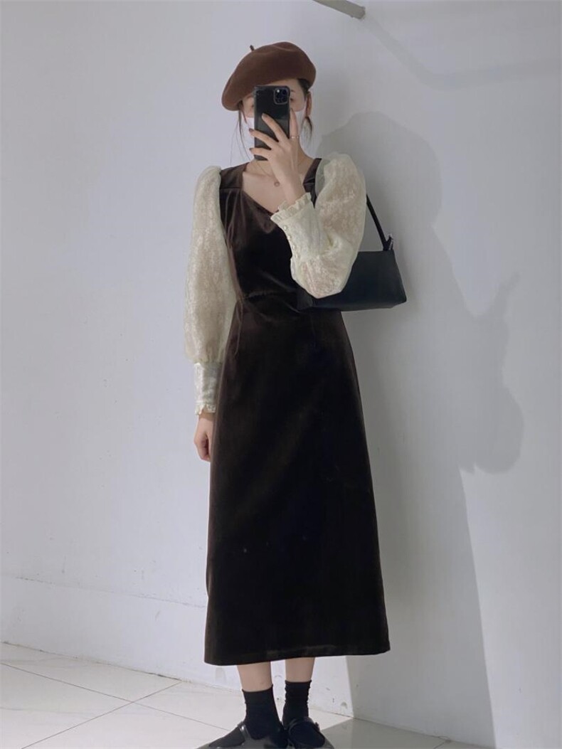 丝绒拼接袖连衣裙，女装连衣裙，驿谷