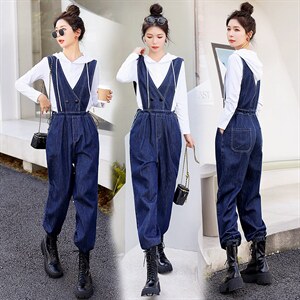 时尚显瘦牛仔背带连体裤女宽松高腰减龄休闲长裤百搭学生工装裤,女装连体裤,秋水欣儿