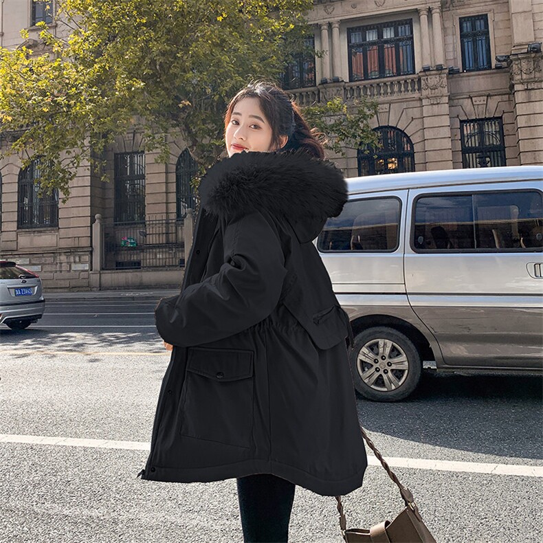 2022年冬季羊羔毛加绒抽绳可收腰连帽大毛领棉服,女装棉衣/棉服,天丽