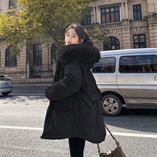 2022年冬季羊羔毛加绒抽绳可收腰连帽大毛领棉服，女装棉衣/棉服，天丽