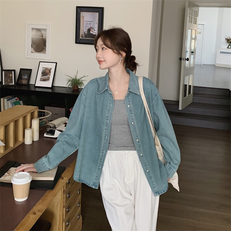 港风重工刺绣叠穿衬衣女款2025新款爆款早春休闲百搭牛仔衬衫外套,女装牛仔外套,依路服饰