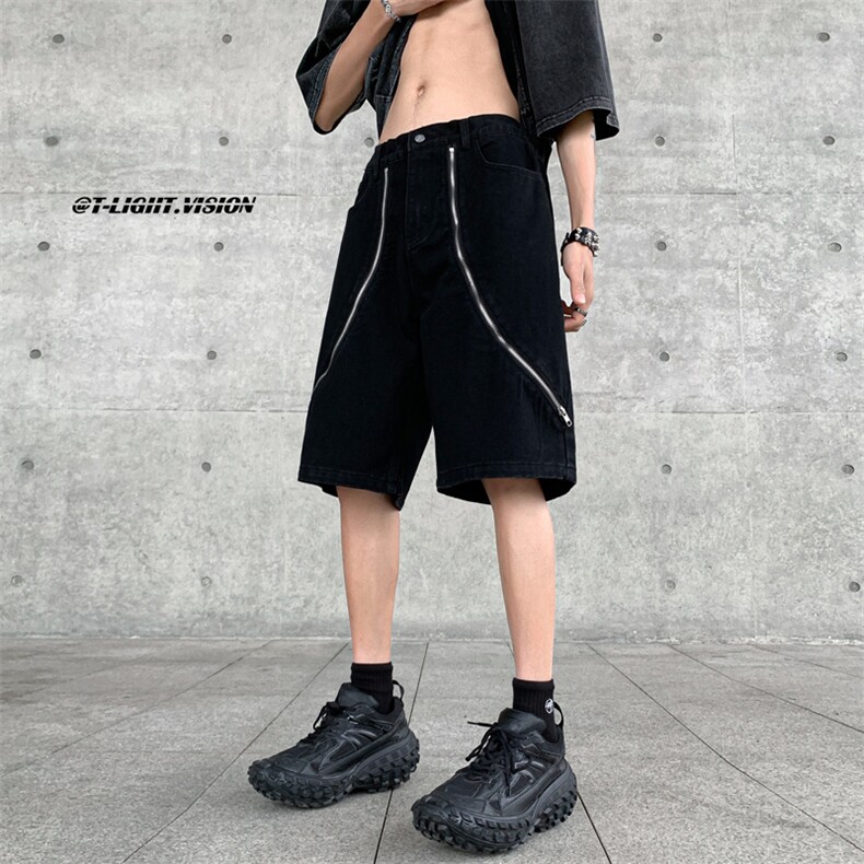 B221美式ins高街暗黑小众拉链牛仔短裤五分裤LK23101-P60控78,男装牛仔裤,电商B221