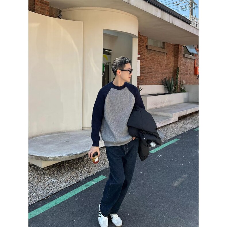 圆领毛衣男秋冬季潮牌拼色套头保暖打底衫休闲毛线加厚针织衫男款,男装T恤,星座506A