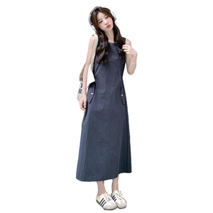 简约休闲显瘦背心连衣裙女2025年夏季新款韩系收腰无袖百搭长裙子图片