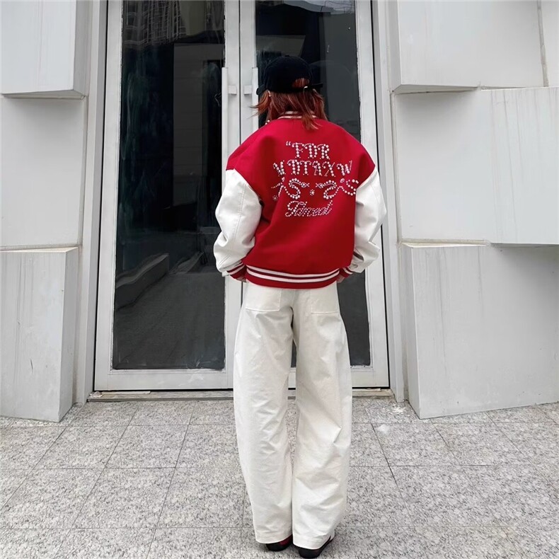 网图红色棒球服女珍珠钉珠重磅外套vintage夹克,男装夹克,星座410-7