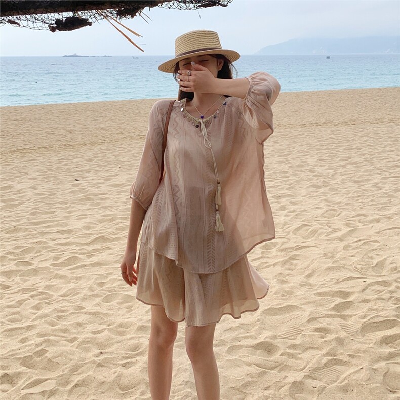 波西米亚度假风时尚蕾丝防晒衫套装女2025夏季新款宽松短裙两件套,女装套装/套裙,2D044