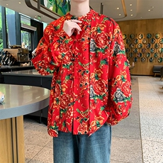C88东北大花假两件长袖衬衫盘扣新中式汉服表演出团队男女大码潮，男装衬衫，星座115A(原星座507）