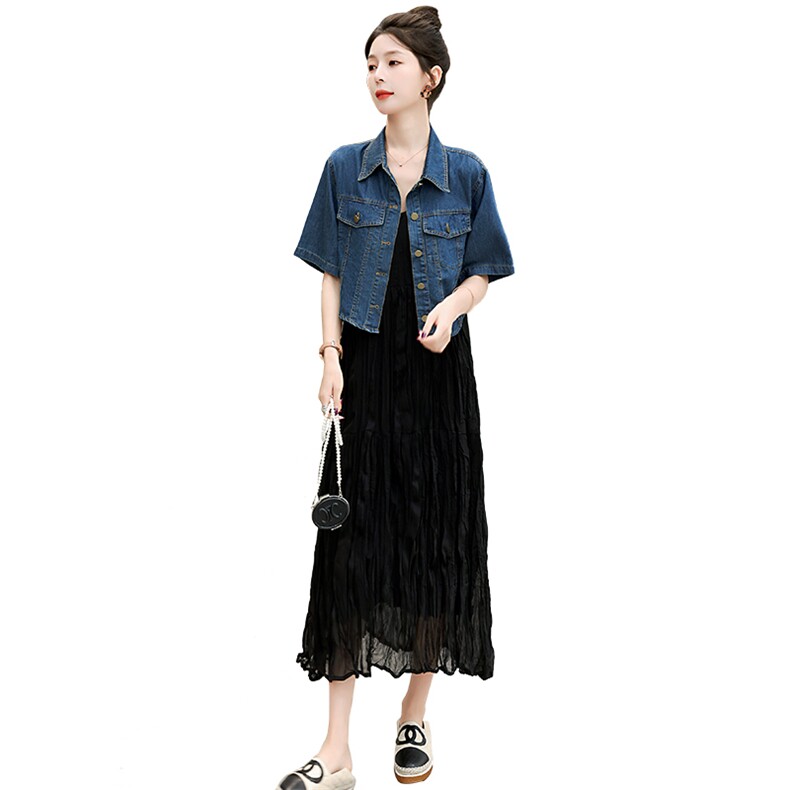 2023夏季牛仔外套短袖两件套显瘦褶皱吊带连衣裙套装,女装套装/套裙,冬木谷雨