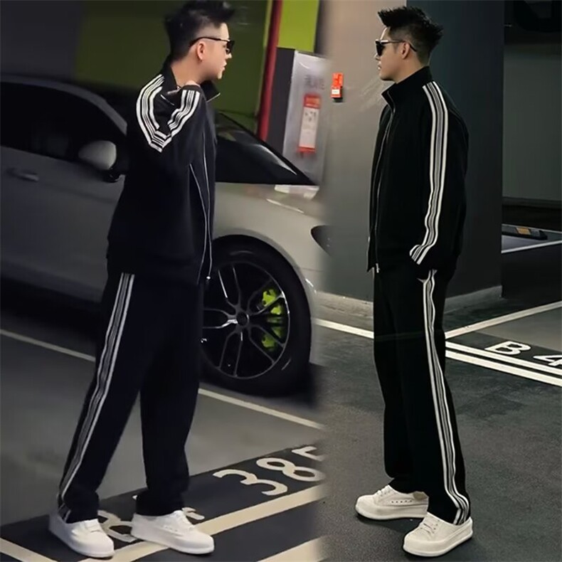 港风秋款男女运动套装卫衣三条杠条纹拼接外套TZ95P75,男装休闲套装,星座1013-1