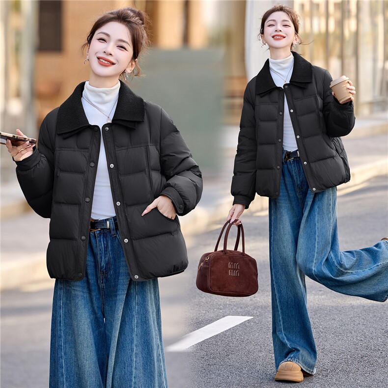 时尚短款羽绒服女2025年冬季新款气质小香风时尚翻领冬装保暖外套,女装羽绒服,拾衣