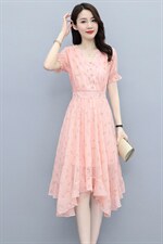 2021夏季新款时尚气质优雅V领不规则裙摆修身显瘦连衣裙，女装连衣裙，多彩