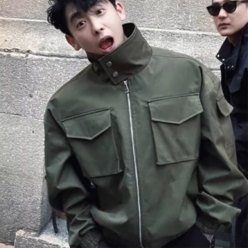 美式街头防风翻领夹克衫男春季潮胖人宽松休闲工装外套，男装夹克，星座506A