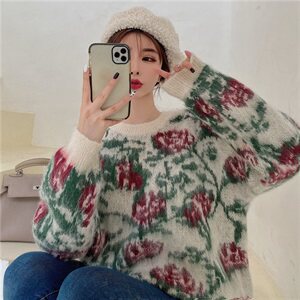 价ins马海毛磨毛质感花朵宽松软糯圆领套头毛衣图片