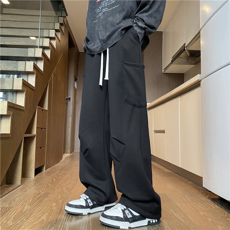 抖音品质秋季新款口袋压褶弯刀宽松休闲卫裤B315-K821-特p35控68,男装休闲裤,电商B315