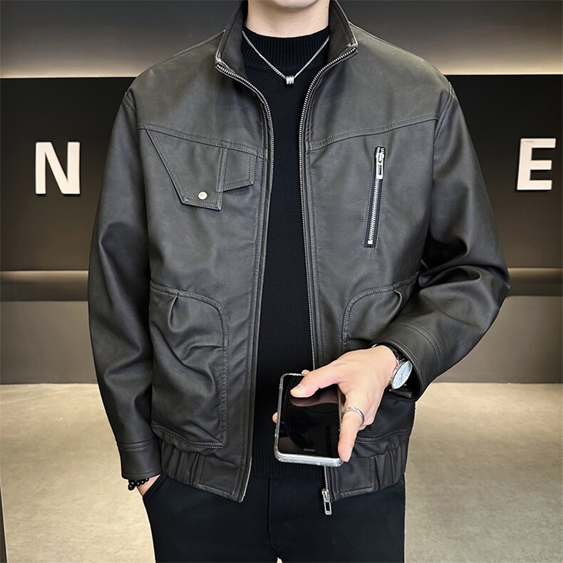 52071-M-4XL-P155店主风秋季翻领男士机车重工潮牌拉链皮衣外套男图片