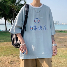 YT26183-P30亚麻短袖t恤男大码五分袖男宽松七分袖港风模特，男装T恤，电商A040