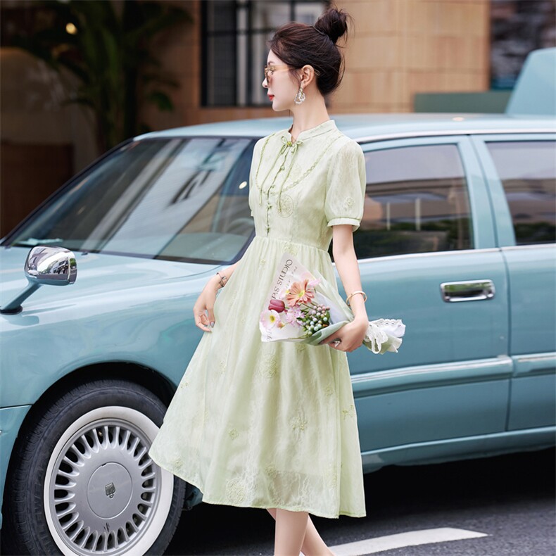 绿色新中式国风连衣裙女2024新款夏季气质绝美改良旗袍日常可穿,女装连衣裙,难舍钰依