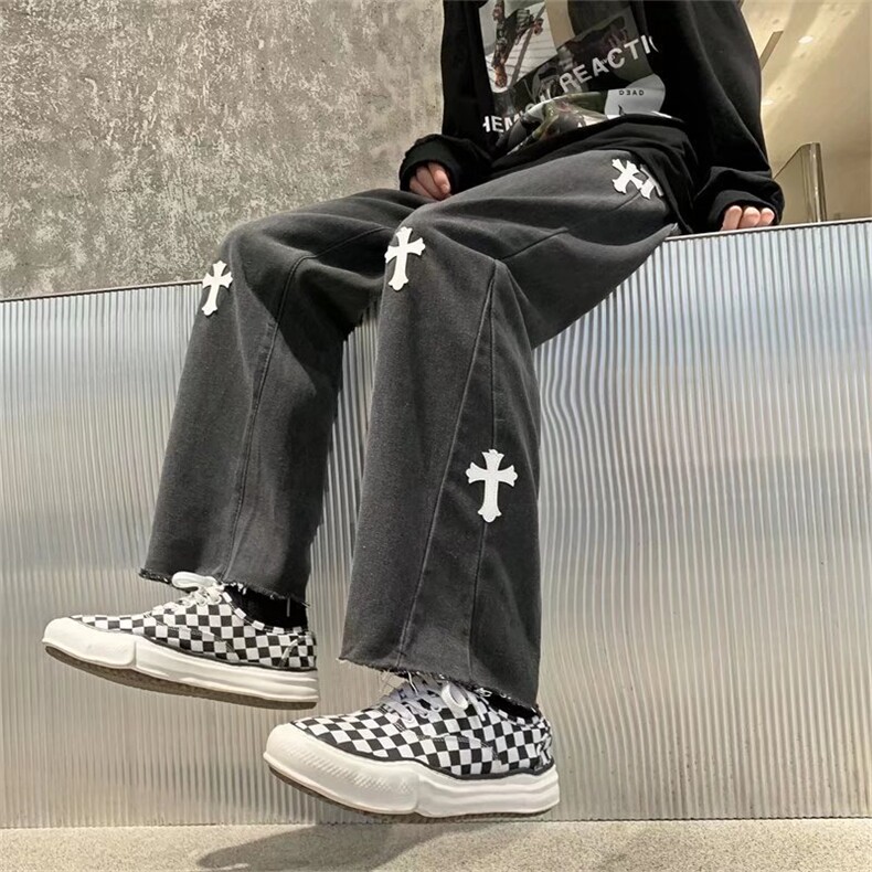 欧美高街vibe炸街裤子男ins潮流2023新款十字架牛仔裤K8049P42图片