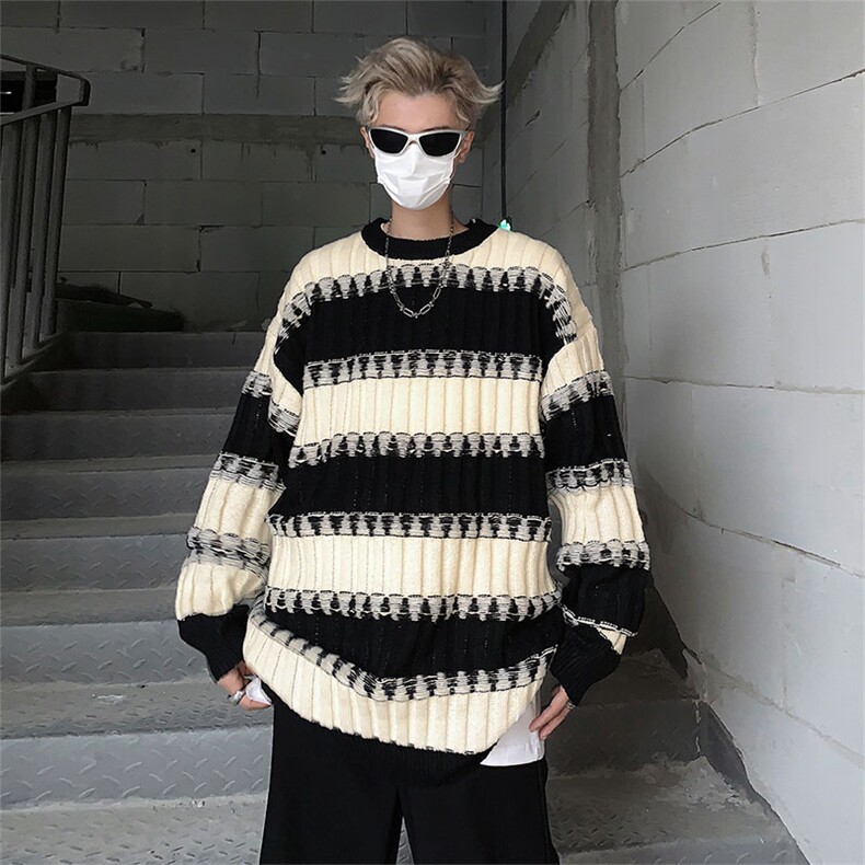 日系撞色条纹圆领针织衫毛衣宽松慵懒风线衣鹿毛绒MY09164-P50，男装针织衫/毛衣，星座308B-2