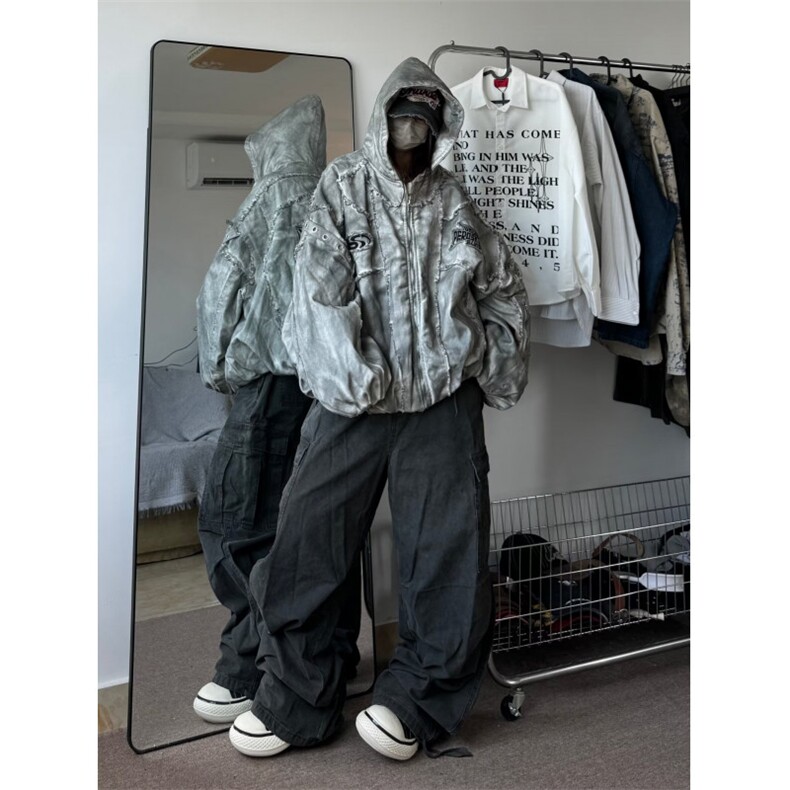 原宿ins流行慵懒新款潮流文艺设计师美式做旧连帽棉服MF297-P156，男装棉衣，星座412-2