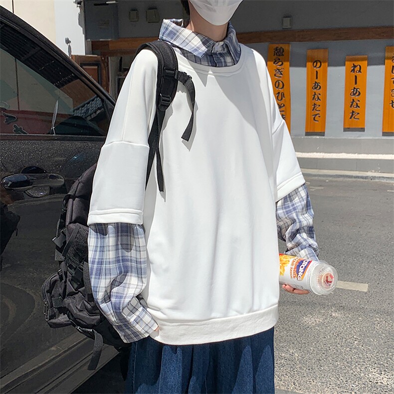原宿风秋季港风男韩版休闲卫衣假两件格子套头外套男女 W1527-P40图片