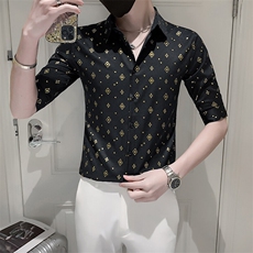 店主风社会小伙男士七分袖衬衫男修身印花衬衣301A-1/CS353/P55，男装衬衫，星座301A-1