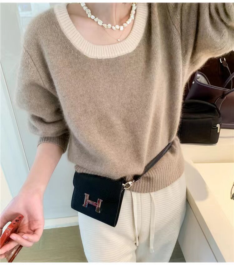 高端软糯山羊绒衫女圆领秋冬款加厚慵懒风针织衫拼色大码打底毛衣,女装羊毛衫,圣旺供货