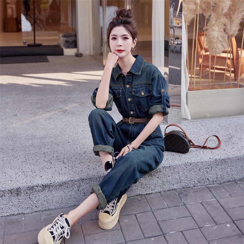 （现货）2026年春秋新款高级感时尚气质收腰显瘦工装牛仔连体裤女,女装连体裤,印象茜