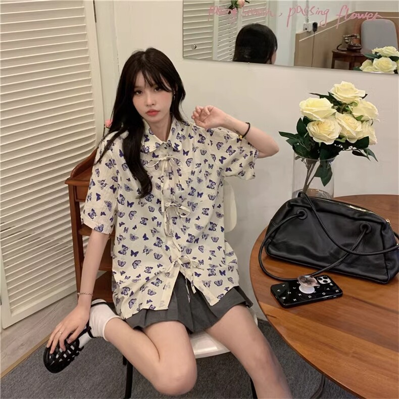 D641-P35夏日复古蝴蝶印花短袖衬衫百搭上衣,男装衬衫,星座911