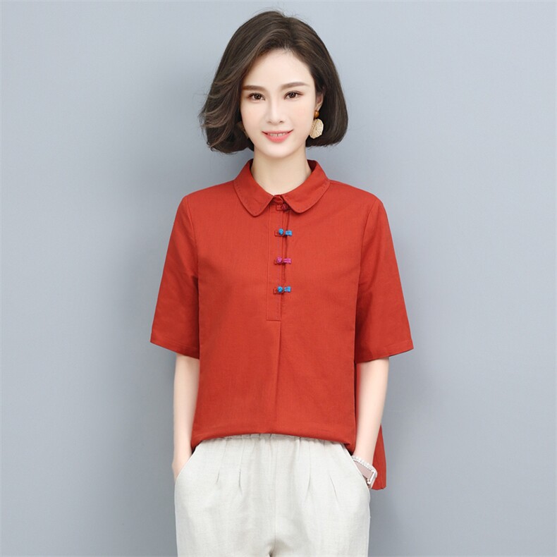 (新款)棉麻T恤小衫夏女2024中老年妈妈装复古亚麻休闲三年不下架,女装T恤,璐依舞