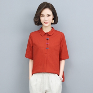 (新款)棉麻T恤小衫夏女2024中老年妈妈装复古亚麻休闲三年不下架图片