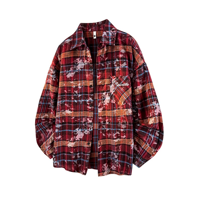 衬衫男春季新款港风宽松大码格子扎染刺绣长袖衬衣CS3016-P38，男装衬衫，星座214-3