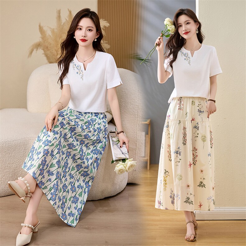 夏季穿搭一整套2026新款超火碎花半身长裙棉麻上衣时尚，女装半身裙，倪叶myz