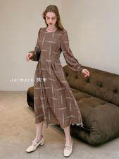 2021秋季中长款格纹连衣裙S-L现货，女装连衣裙，Jarmore隽末