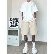 潮男纯色亚麻短裤宽松大码棉麻中裤五分裤XZ222-7-DK27-P25，男装牛仔裤，星座222-7