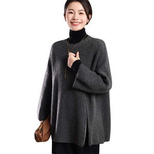 羊范轻奢保暖羊毛针织毛衣女圆领侧拉链上衣宽松开叉打底衫图片