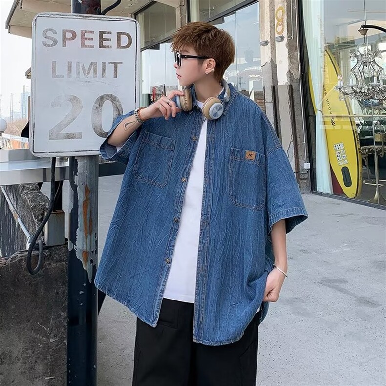宽松短袖牛仔衬衣男女夏季薄款叠穿上衣衬衫外套~CC715-p48,男装衬衫,星座601-2