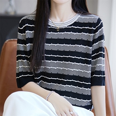 拼色圆领莱赛尔天丝针织五分袖上衣女薄款短袖T恤宽松半袖打底衫，女装针织衫/毛衣，唐诺