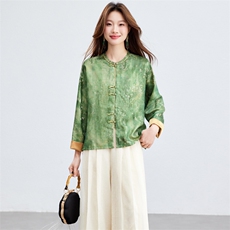 在仓~薄款人丝提花圆领盘扣插肩袖上衣轻薄外套透气时尚潮流外套，女装短外套，新依时派